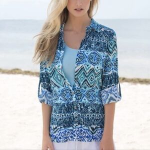 Tina Stephens XS Turquoise Bohemian Button Down Blouse Coastal Tees By Tina